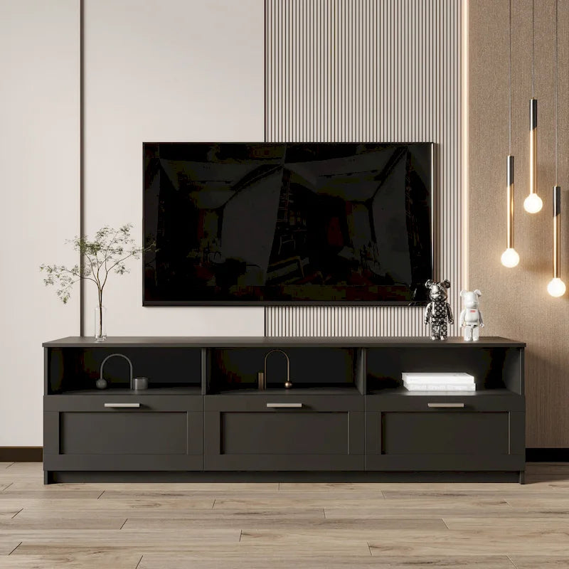 Meuble TV 180 cm | 3 étagères ouvertes et 3 tiroirs | Noir | Panneau haute densité | Compatible TV jusqu'à 80 pouces