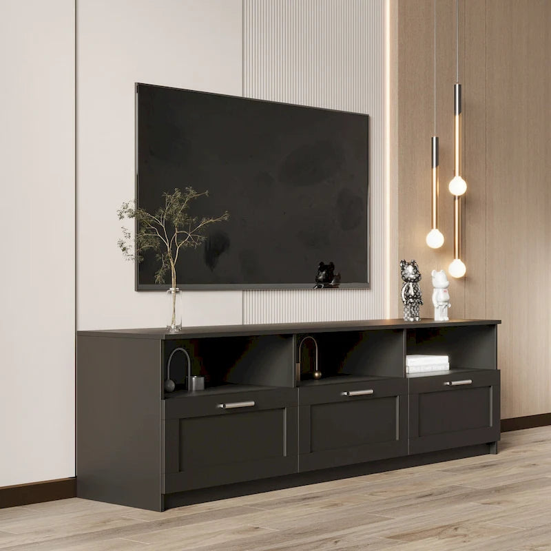 Meuble TV 180 cm | 3 étagères ouvertes et 3 tiroirs | Noir | Panneau haute densité | Compatible TV jusqu'à 80 pouces