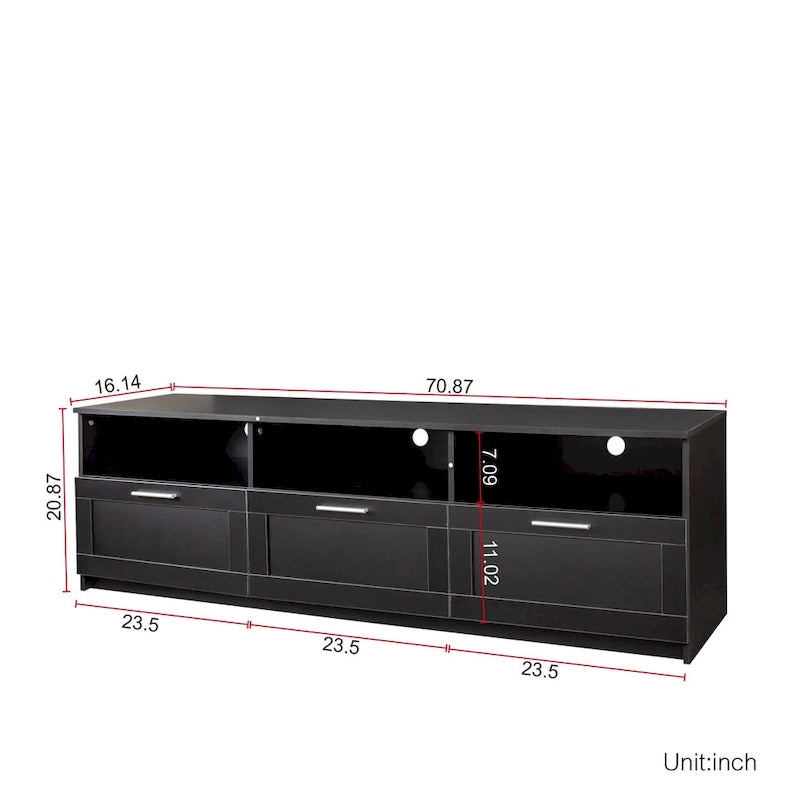 Meuble TV 180 cm | 3 étagères ouvertes et 3 tiroirs | Noir | Panneau haute densité | Compatible TV jusqu'à 80 pouces