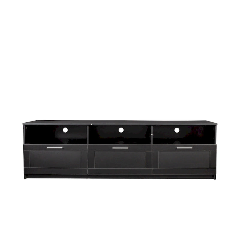 Meuble TV 180 cm | 3 étagères ouvertes et 3 tiroirs | Noir | Panneau haute densité | Compatible TV jusqu'à 80 pouces