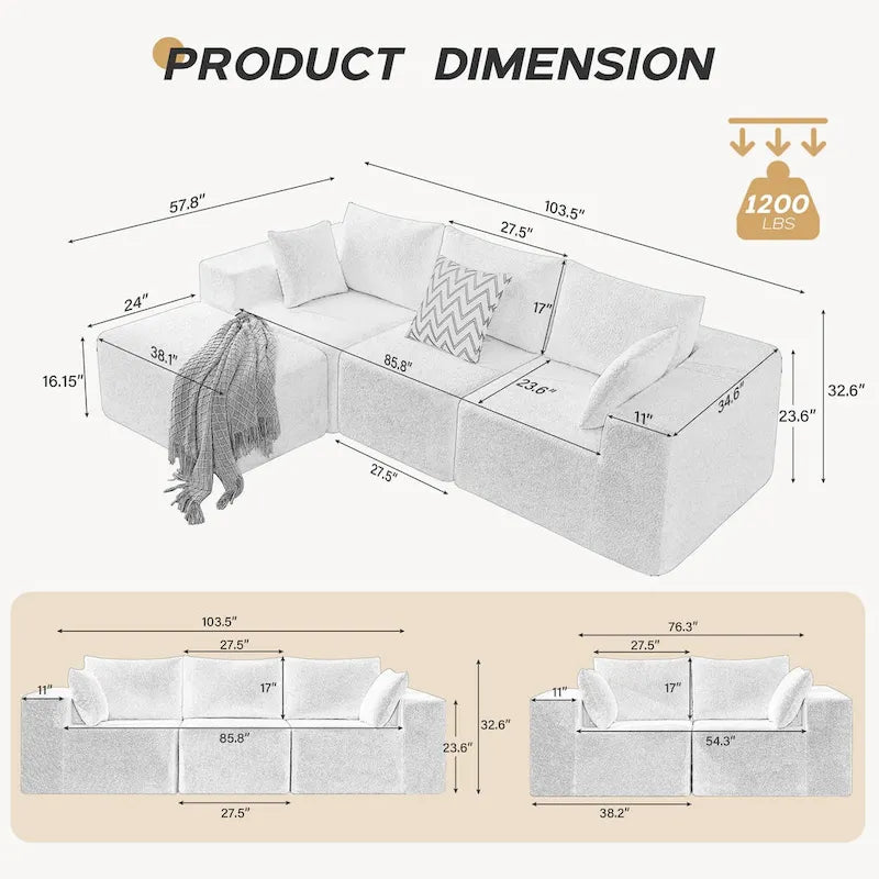 Canapé sectionnel modulaire en tissu 103 avec sièges profonds, canapé d'angle en L et chaise longue, aucun assemblage requis