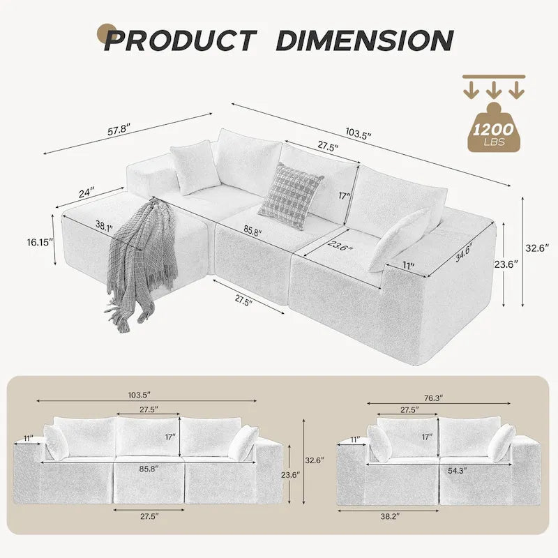 Canapé sectionnel modulaire en tissu 103 avec sièges profonds, canapé d'angle en L et chaise longue, aucun assemblage requis