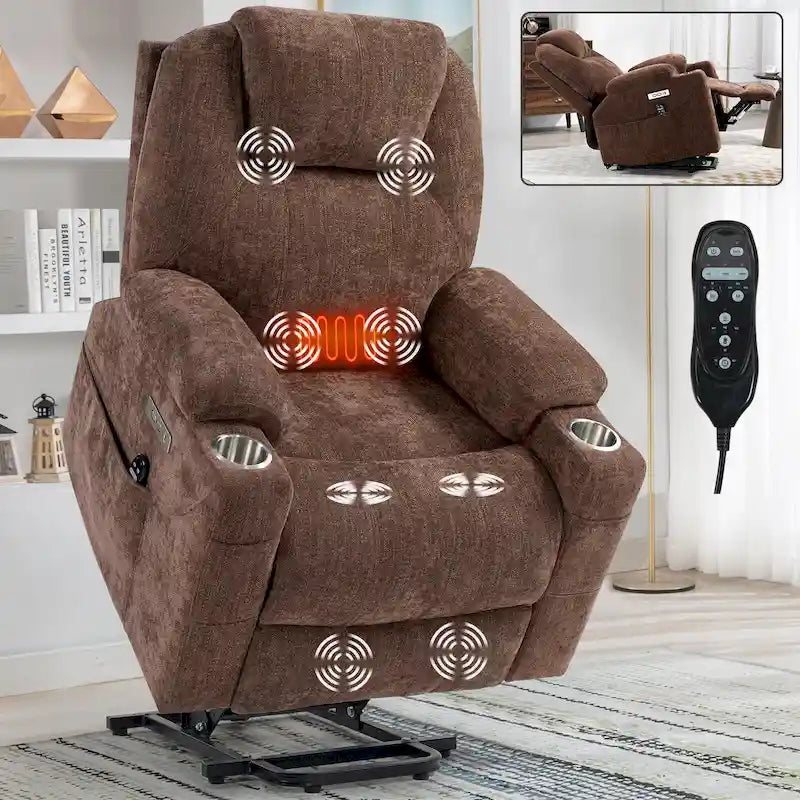 Fauteuil inclinable releveur | Massage 8 points | Chaleur lombaire | Double USB | Porte-gobelets en acier | Bleu