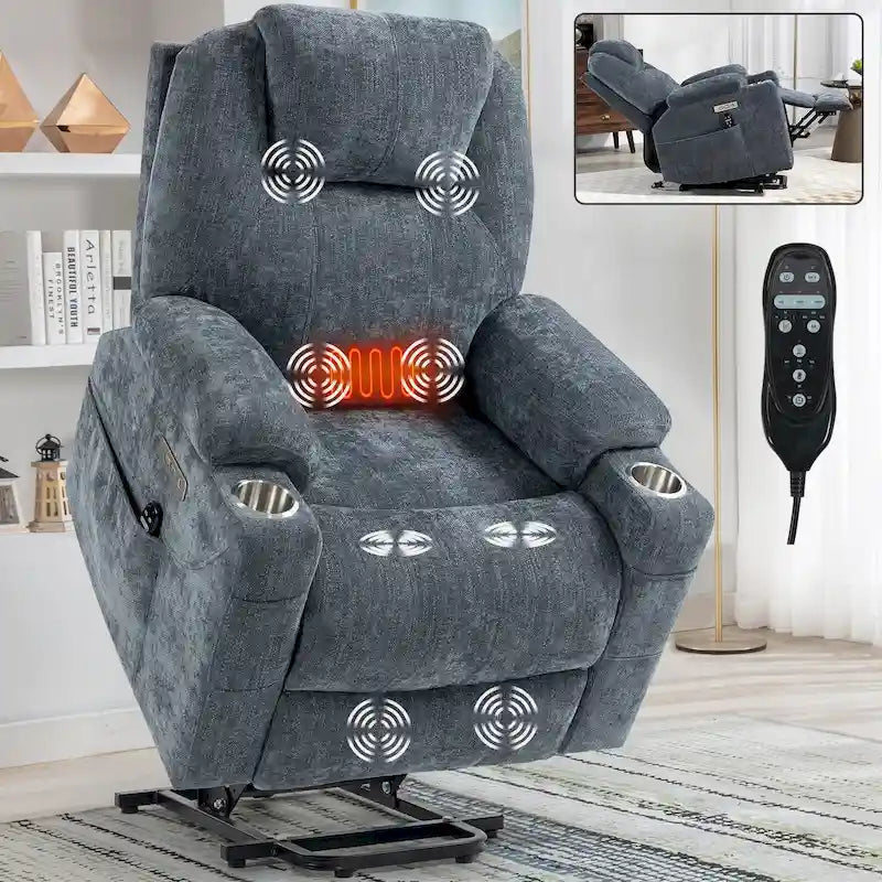 Fauteuil inclinable releveur | Massage 8 points | Chaleur lombaire | Double USB | Porte-gobelets en acier | Bleu