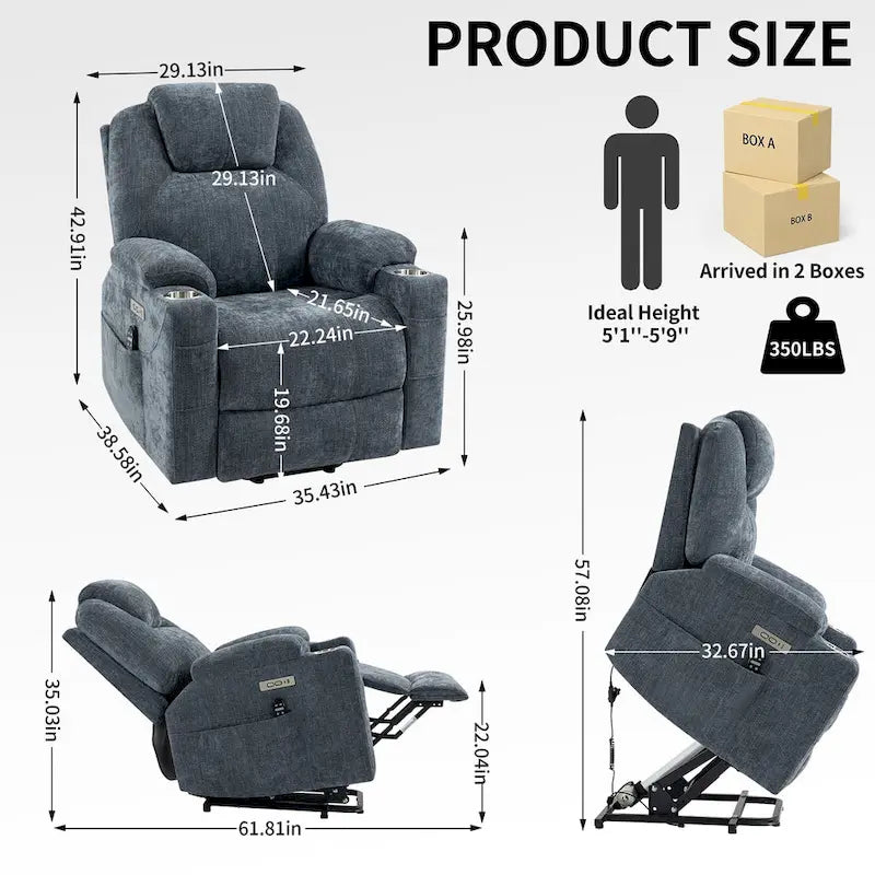Fauteuil inclinable releveur | Massage 8 points | Chaleur lombaire | Double USB | Porte-gobelets en acier | Bleu