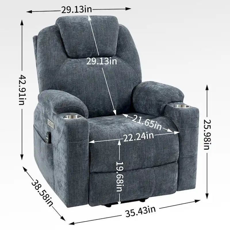 Fauteuil inclinable releveur | Massage 8 points | Chaleur lombaire | Double USB | Porte-gobelets en acier | Bleu