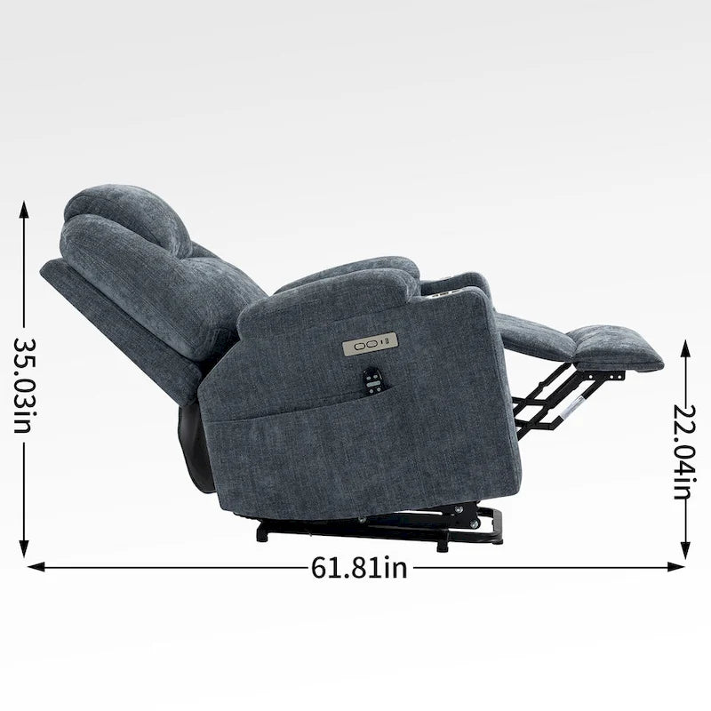 Fauteuil inclinable releveur | Massage 8 points | Chaleur lombaire | Double USB | Porte-gobelets en acier | Bleu