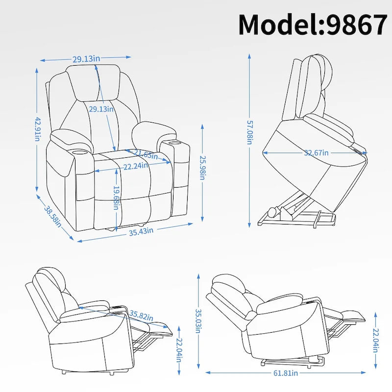 Fauteuil inclinable releveur | Massage 8 points | Chaleur lombaire | Double USB | Porte-gobelets en acier | Bleu