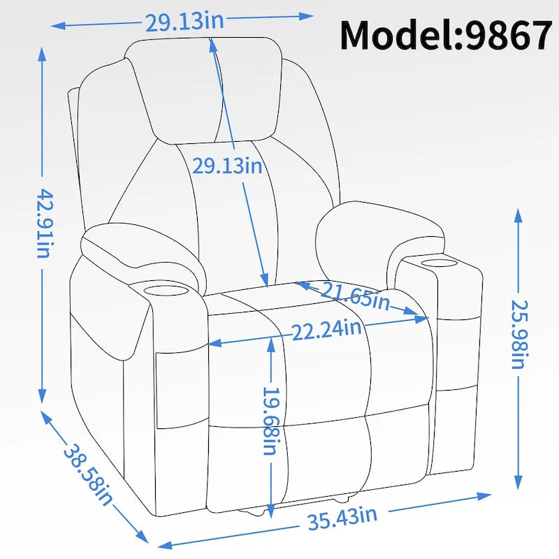 Fauteuil inclinable releveur | Massage 8 points | Chaleur lombaire | Double USB | Porte-gobelets en acier | Bleu