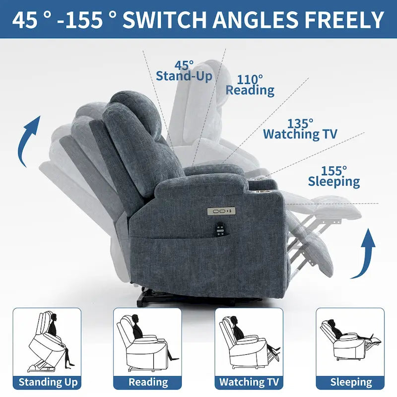 Fauteuil inclinable releveur | Massage 8 points | Chaleur lombaire | Double USB | Porte-gobelets en acier | Bleu