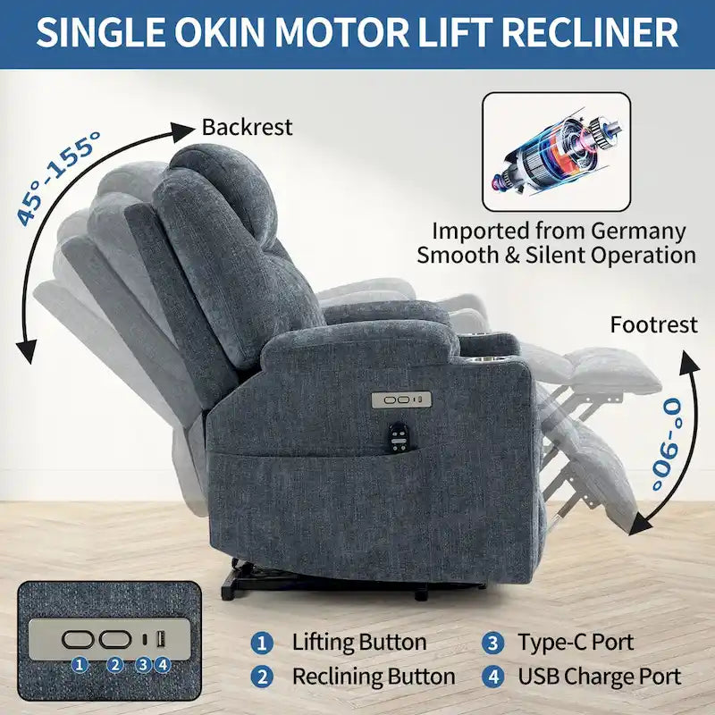 Fauteuil inclinable releveur | Massage 8 points | Chaleur lombaire | Double USB | Porte-gobelets en acier | Bleu