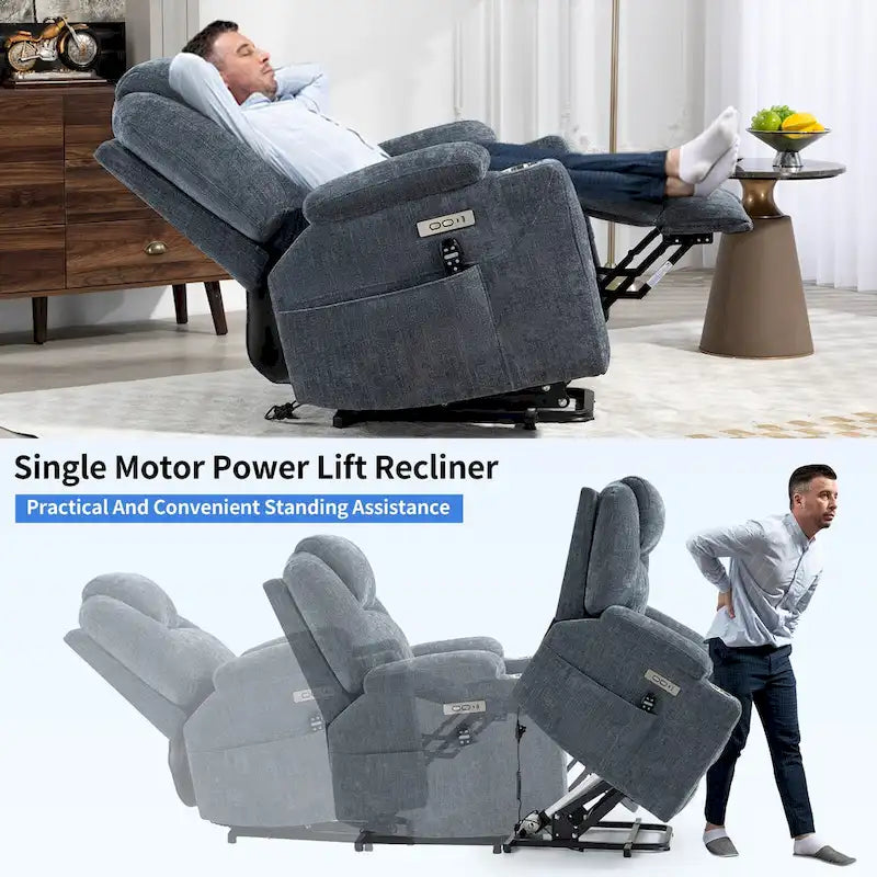 Fauteuil inclinable releveur | Massage 8 points | Chaleur lombaire | Double USB | Porte-gobelets en acier | Bleu