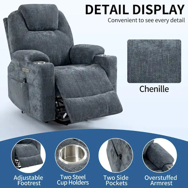 Fauteuil inclinable releveur | Massage 8 points | Chaleur lombaire | Double USB | Porte-gobelets en acier | Bleu