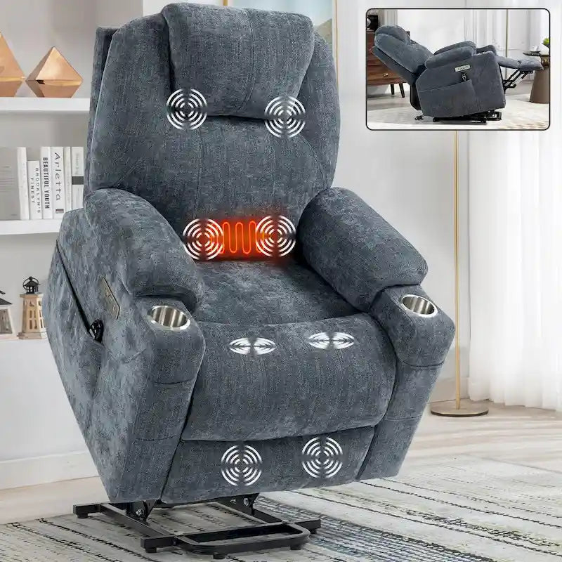 Fauteuil inclinable releveur | Massage 8 points | Chaleur lombaire | Double USB | Porte-gobelets en acier | Bleu