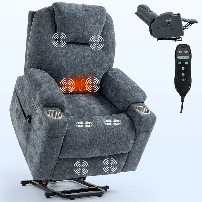 Fauteuil inclinable releveur | Massage 8 points | Chaleur lombaire | Double USB | Porte-gobelets en acier | Bleu