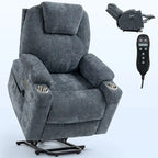 Fauteuil inclinable releveur | Massage 8 points | Chaleur lombaire | Double USB | Porte-gobelets en acier | Bleu