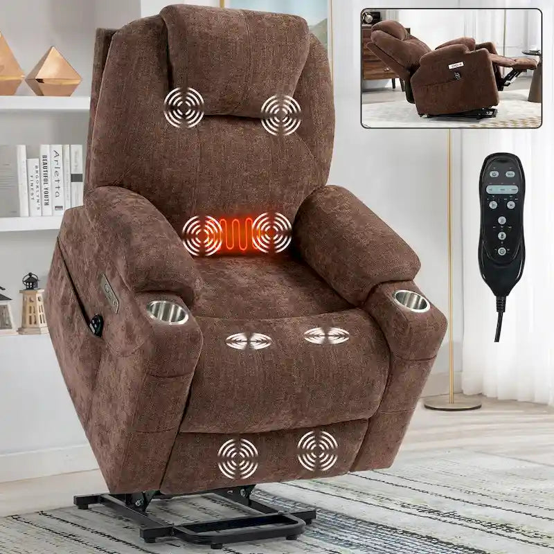 Fauteuil inclinable releveur | Massage 8 points | Chaleur lombaire | Double USB | Porte-gobelets en acier | Bleu