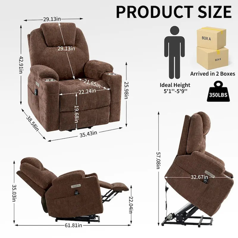 Fauteuil inclinable releveur | Massage 8 points | Chaleur lombaire | Double USB | Porte-gobelets en acier | Bleu