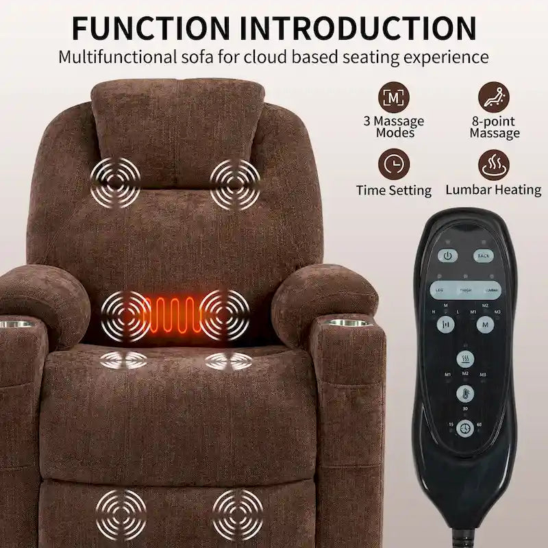 Fauteuil inclinable releveur | Massage 8 points | Chaleur lombaire | Double USB | Porte-gobelets en acier | Bleu