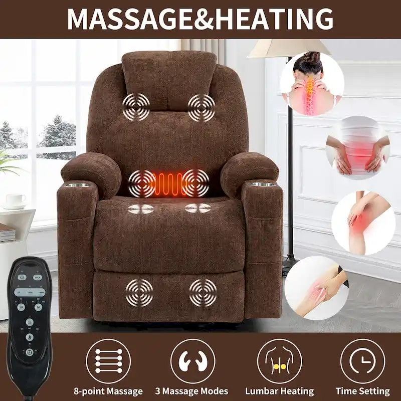 Fauteuil inclinable releveur | Massage 8 points | Chaleur lombaire | Double USB | Porte-gobelets en acier | Bleu