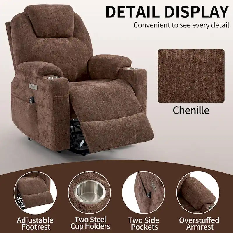 Fauteuil inclinable releveur | Massage 8 points | Chaleur lombaire | Double USB | Porte-gobelets en acier | Bleu