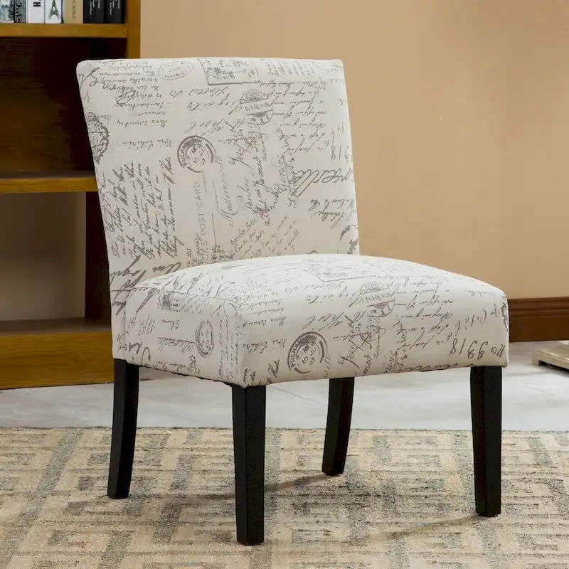 Fauteuil d'appoint rembourré à motifs de texte français | Taupe et crème | Pieds expresso | 59 cm L