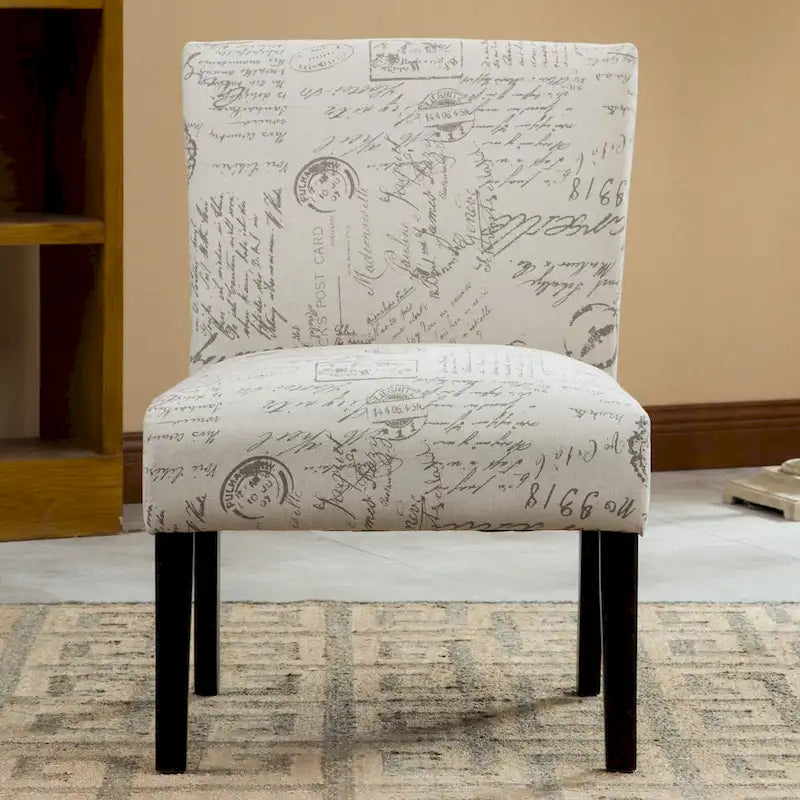 Fauteuil d'appoint rembourré à motifs de texte français | Taupe et crème | Pieds expresso | 59 cm L