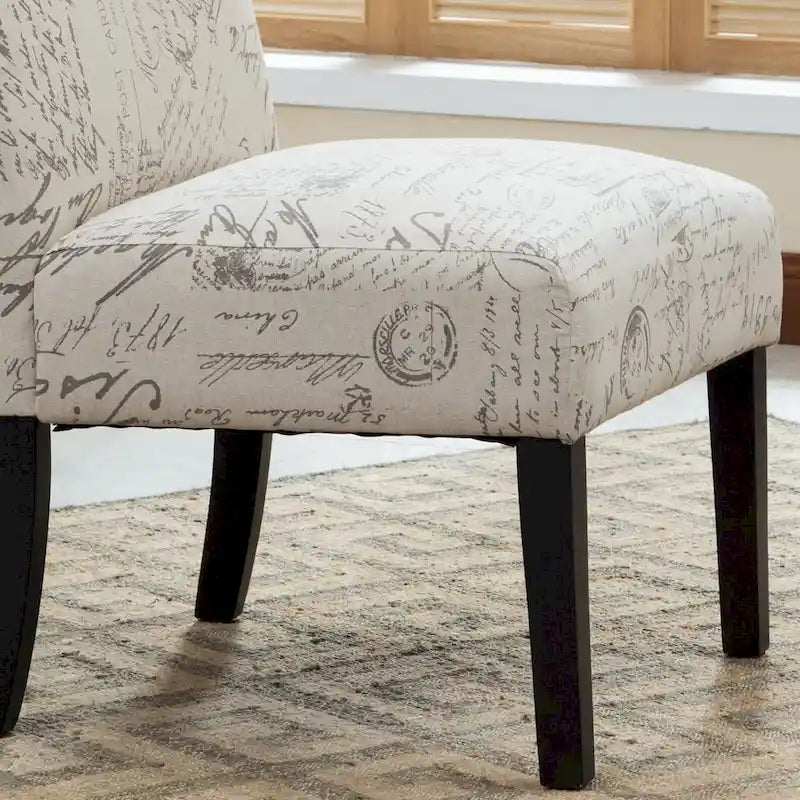 Fauteuil d'appoint rembourré à motifs de texte français | Taupe et crème | Pieds expresso | 59 cm L