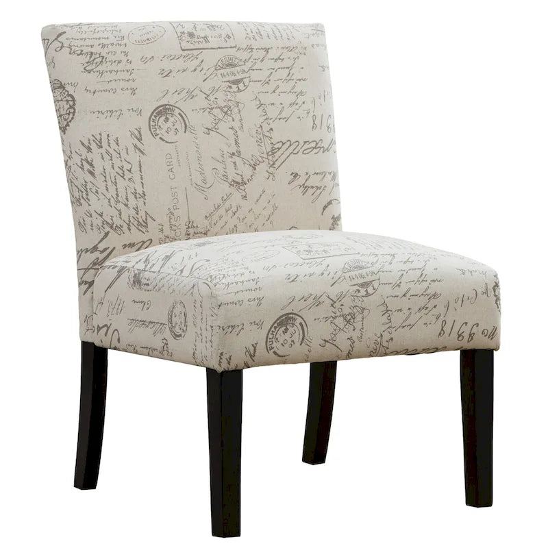 Fauteuil d'appoint rembourré à motifs de texte français | Taupe et crème | Pieds expresso | 59 cm L