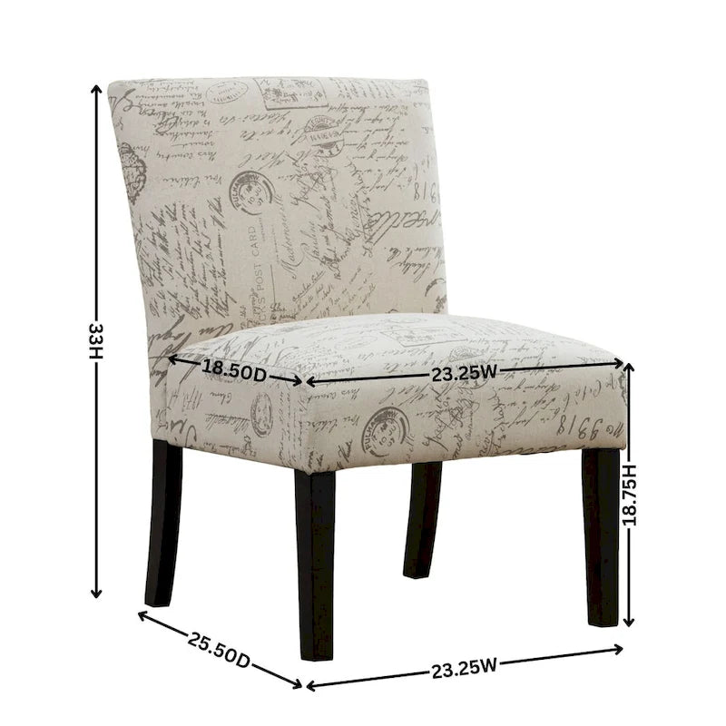Fauteuil d'appoint rembourré à motifs de texte français | Taupe et crème | Pieds expresso | 59 cm L