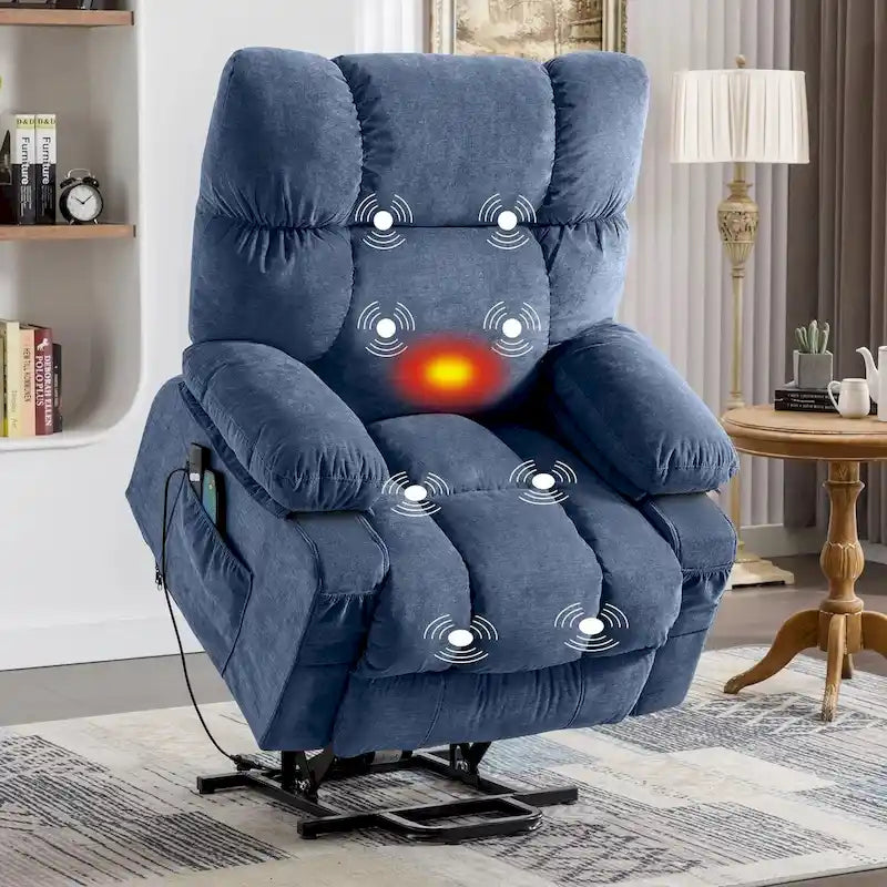 Fauteuil inclinable releveur électrique | Chauffant et massage 8 points | Port USB | 158 kg | Tissu bleu