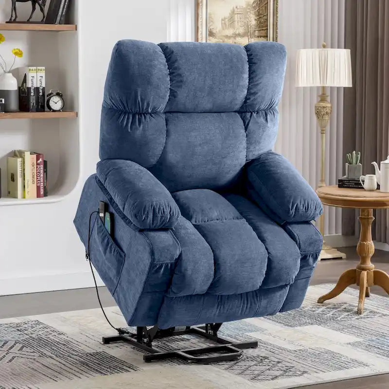 Fauteuil inclinable releveur électrique | Chauffant et massage 8 points | Port USB | 158 kg | Tissu bleu