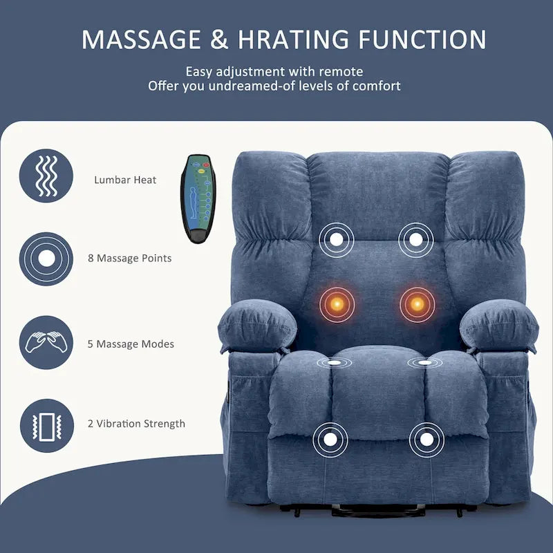 Fauteuil inclinable releveur électrique | Chauffant et massage 8 points | Port USB | 158 kg | Tissu bleu