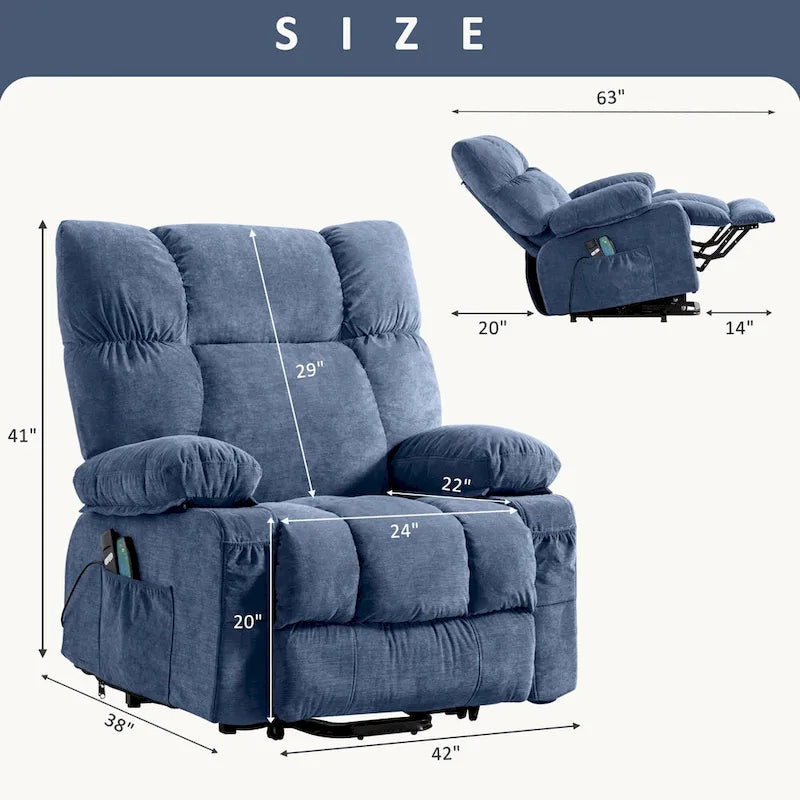 Fauteuil inclinable releveur électrique | Chauffant et massage 8 points | Port USB | 158 kg | Tissu bleu