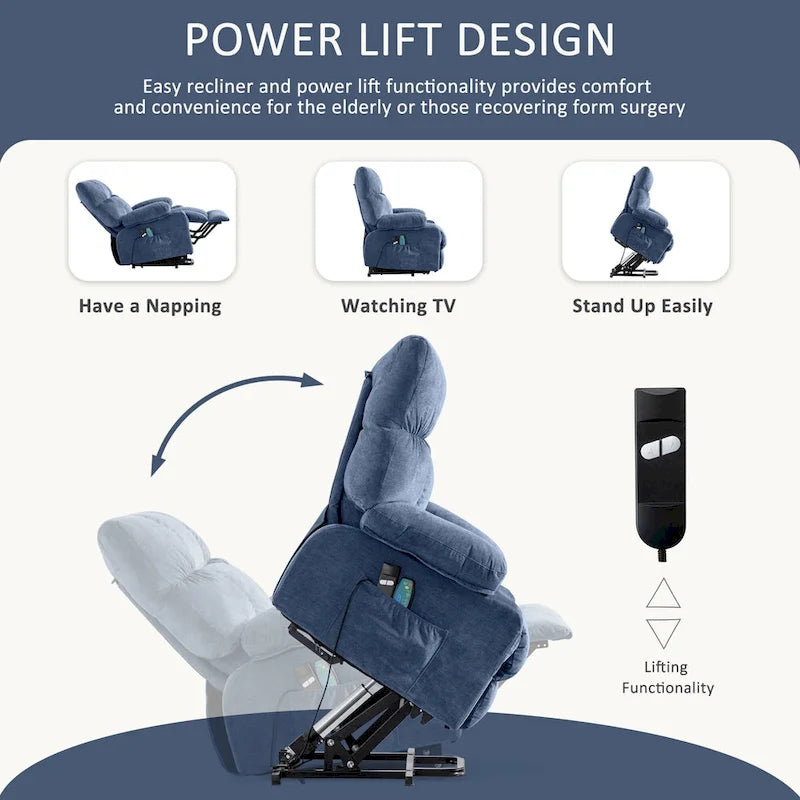 Fauteuil inclinable releveur électrique | Chauffant et massage 8 points | Port USB | 158 kg | Tissu bleu