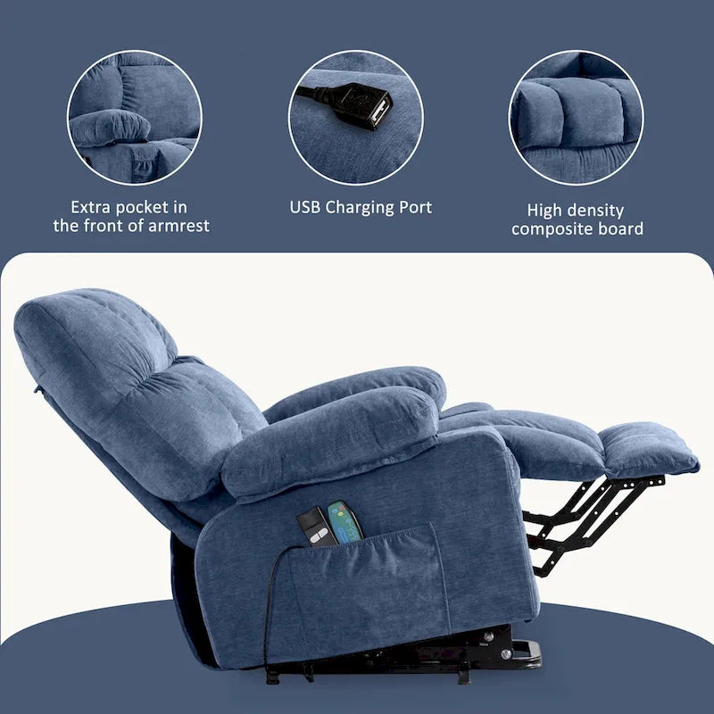Fauteuil inclinable releveur électrique | Chauffant et massage 8 points | Port USB | 158 kg | Tissu bleu