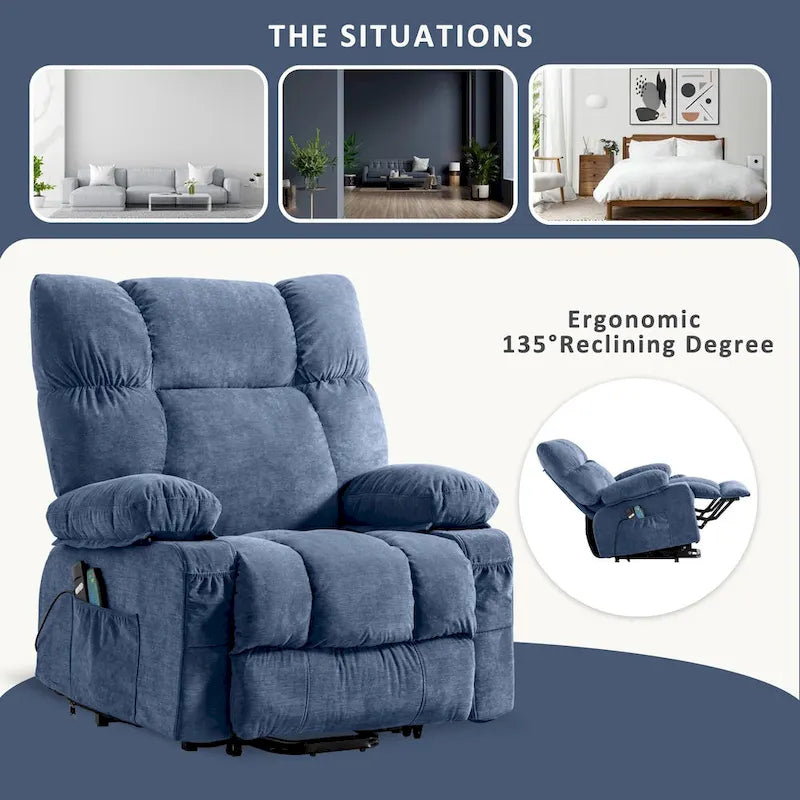 Fauteuil inclinable releveur électrique | Chauffant et massage 8 points | Port USB | 158 kg | Tissu bleu