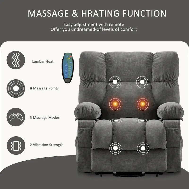 Fauteuil inclinable releveur électrique | Chauffant et massage 8 points | Port USB | 158 kg | Tissu bleu