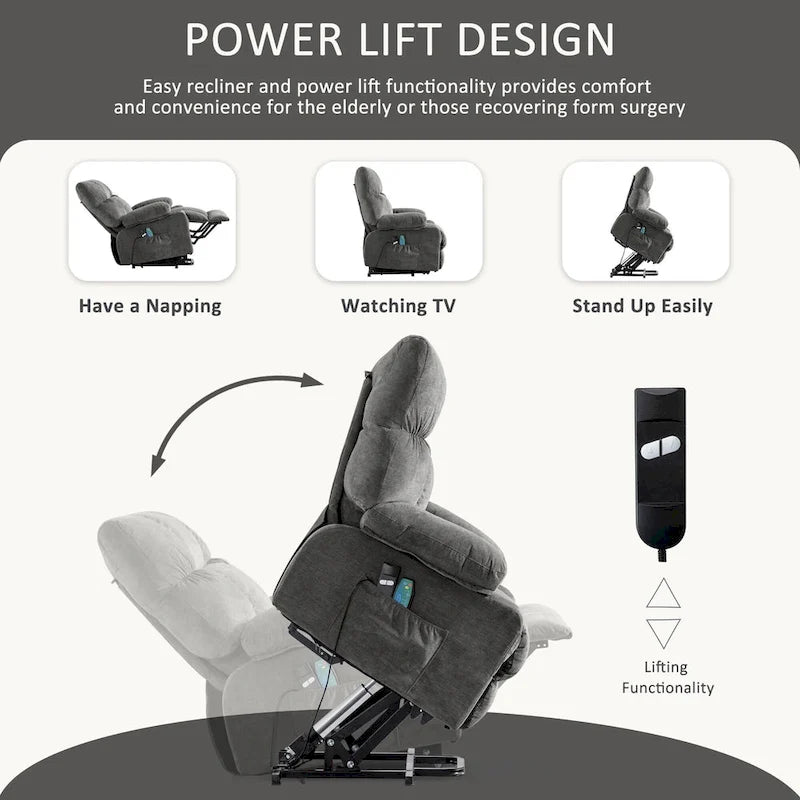 Fauteuil inclinable releveur électrique | Chauffant et massage 8 points | Port USB | 158 kg | Tissu bleu