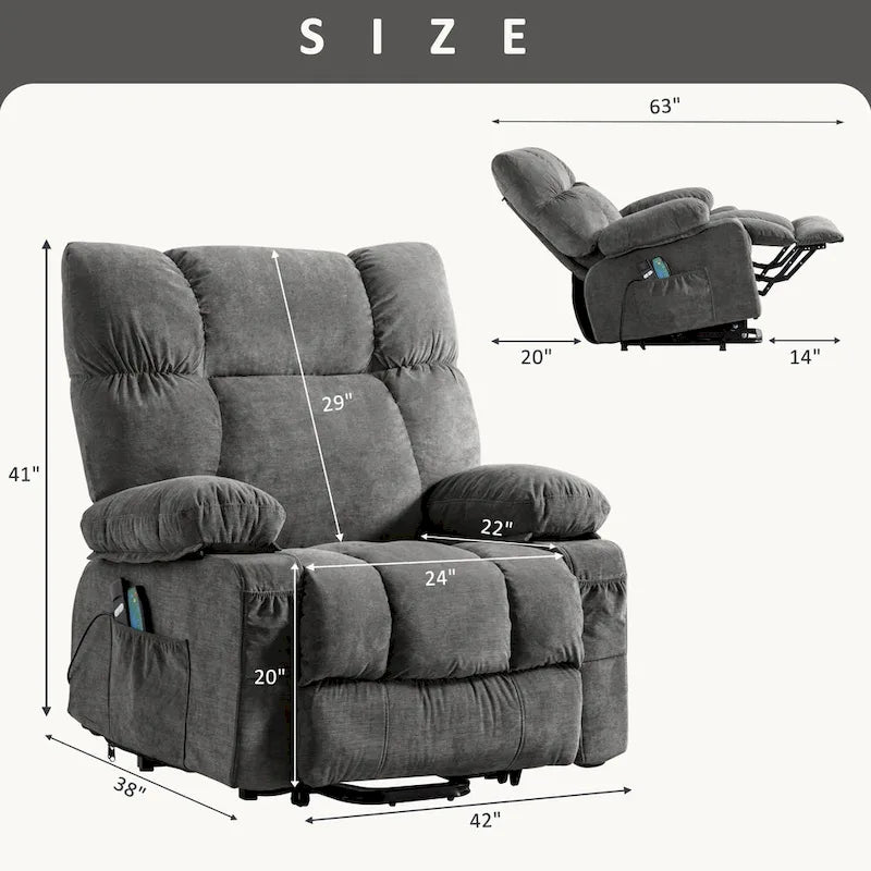 Fauteuil inclinable releveur électrique | Chauffant et massage 8 points | Port USB | 158 kg | Tissu bleu