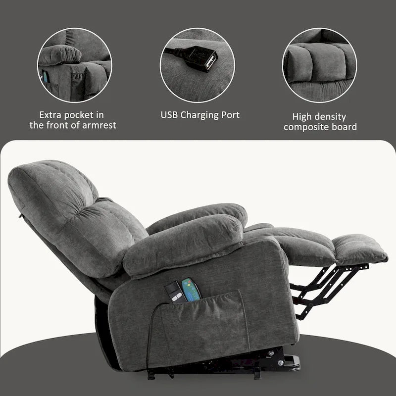 Fauteuil inclinable releveur électrique | Chauffant et massage 8 points | Port USB | 158 kg | Tissu bleu