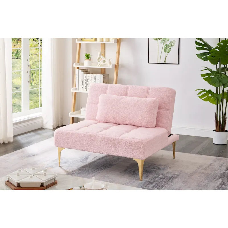 Canapé-lit en chenille rose | Futon 3 positions | Structure en bois massif | 136 kg | Pieds dorés