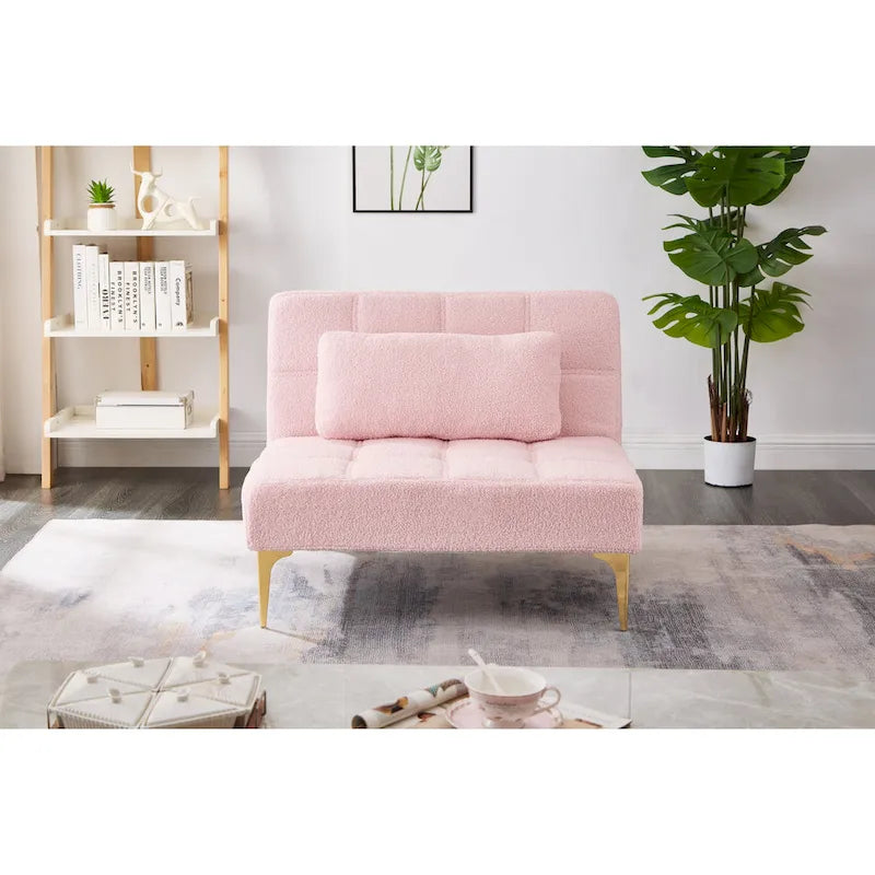 Canapé-lit en chenille rose | Futon 3 positions | Structure en bois massif | 136 kg | Pieds dorés