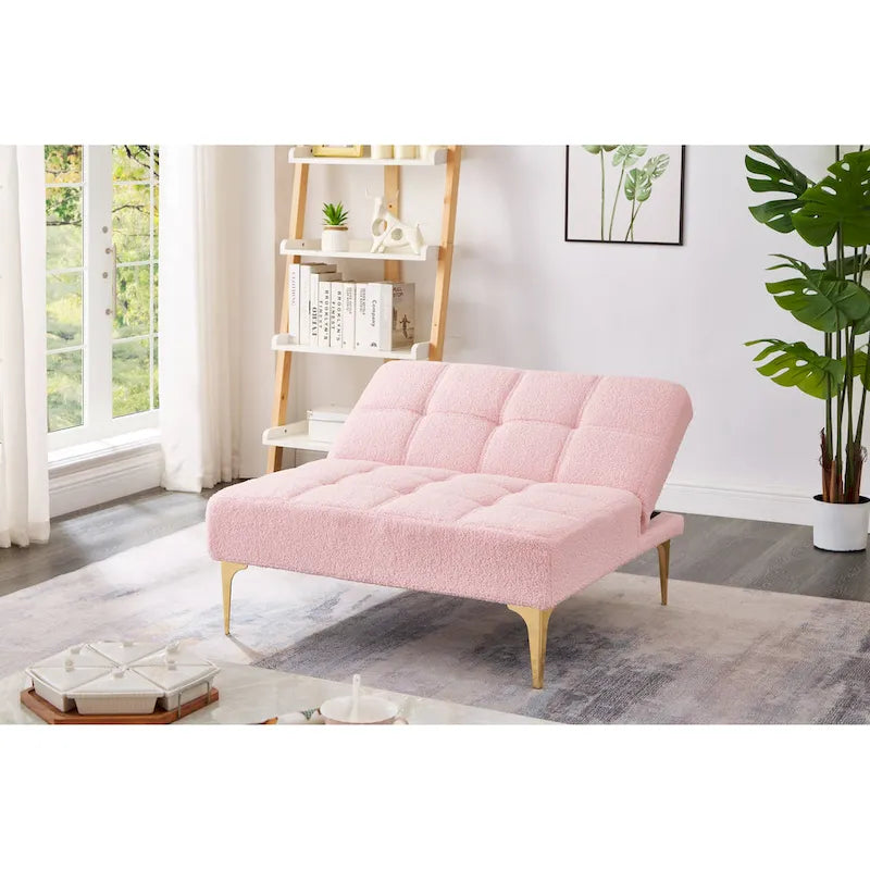 Canapé-lit en chenille rose | Futon 3 positions | Structure en bois massif | 136 kg | Pieds dorés