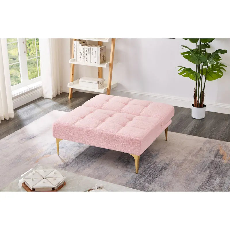 Canapé-lit en chenille rose | Futon 3 positions | Structure en bois massif | 136 kg | Pieds dorés