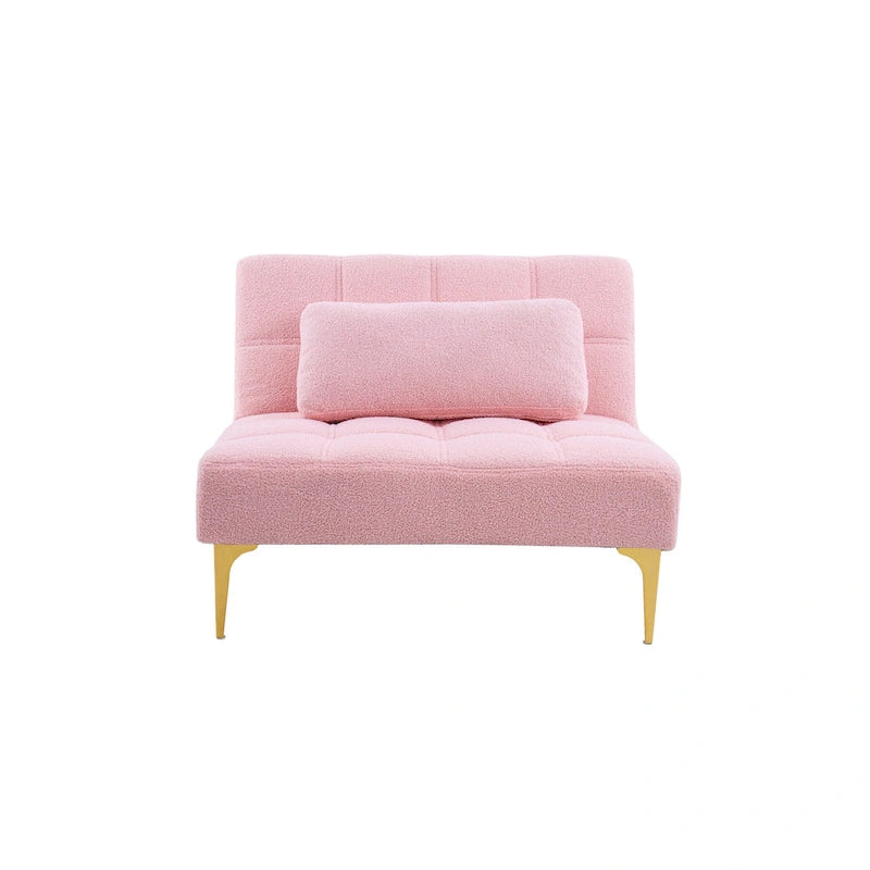 Canapé-lit en chenille rose | Futon 3 positions | Structure en bois massif | 136 kg | Pieds dorés