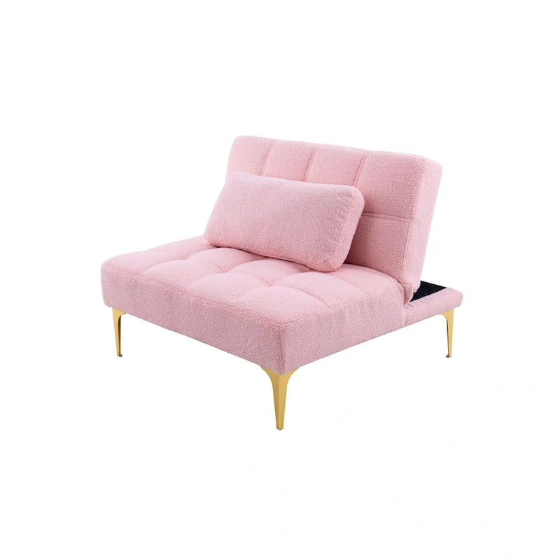 Canapé-lit en chenille rose | Futon 3 positions | Structure en bois massif | 136 kg | Pieds dorés