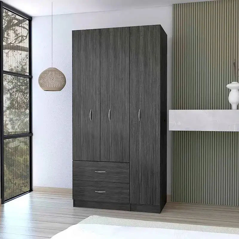 Armoire moderne à 3 portes | Tringle à vêtements | 4 étagères et 2 tiroirs | 180 cm (H) x 90 cm (L) x 47 cm (P)