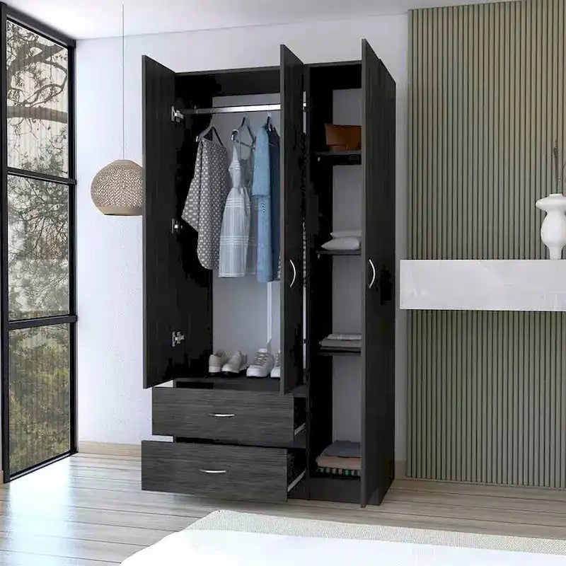 Armoire moderne à 3 portes | Tringle à vêtements | 4 étagères et 2 tiroirs | 180 cm (H) x 90 cm (L) x 47 cm (P)