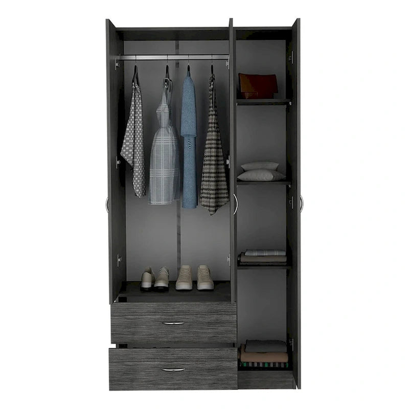Armoire moderne à 3 portes | Tringle à vêtements | 4 étagères et 2 tiroirs | 180 cm (H) x 90 cm (L) x 47 cm (P)